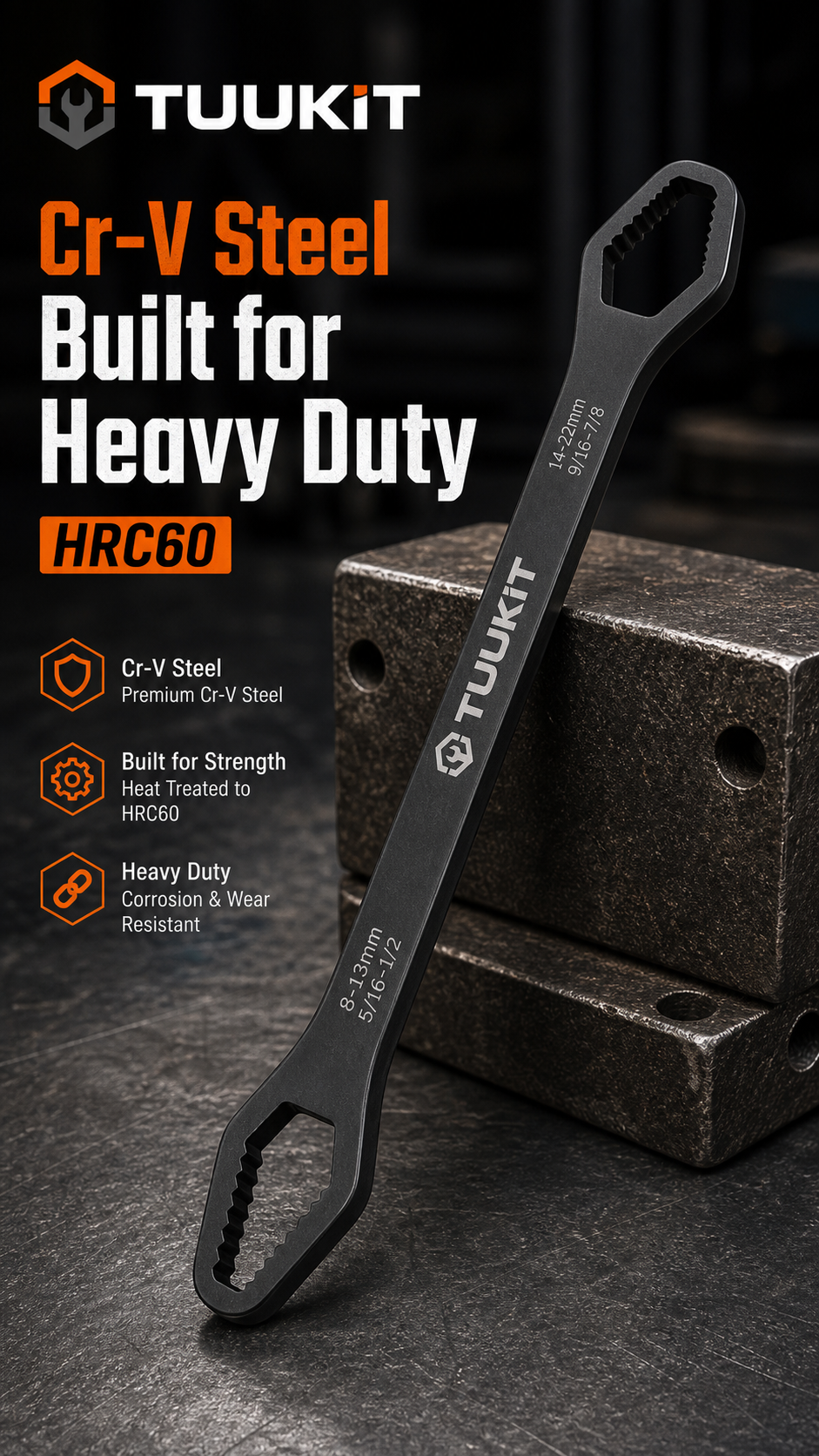 TUUKIT Heavy-Duty Multi-Function Wrench, Cr-V Steel, Dual-Head Self-Tightening Design, 20 cm / 7.87 in