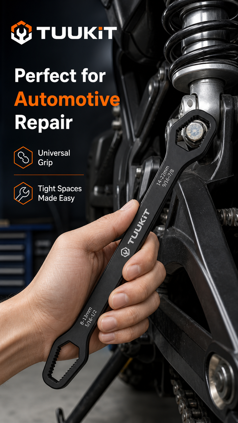TUUKIT Heavy-Duty Multi-Function Wrench, Cr-V Steel, Dual-Head Self-Tightening Design, 20 cm / 7.87 in