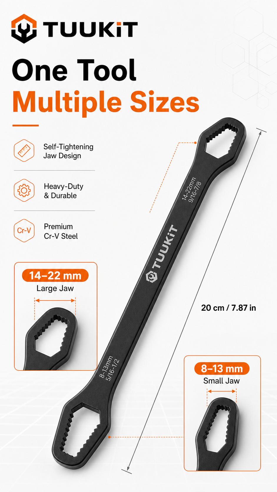 TUUKIT Heavy-Duty Multi-Function Wrench, Cr-V Steel, Dual-Head Self-Tightening Design, 20 cm / 7.87 in