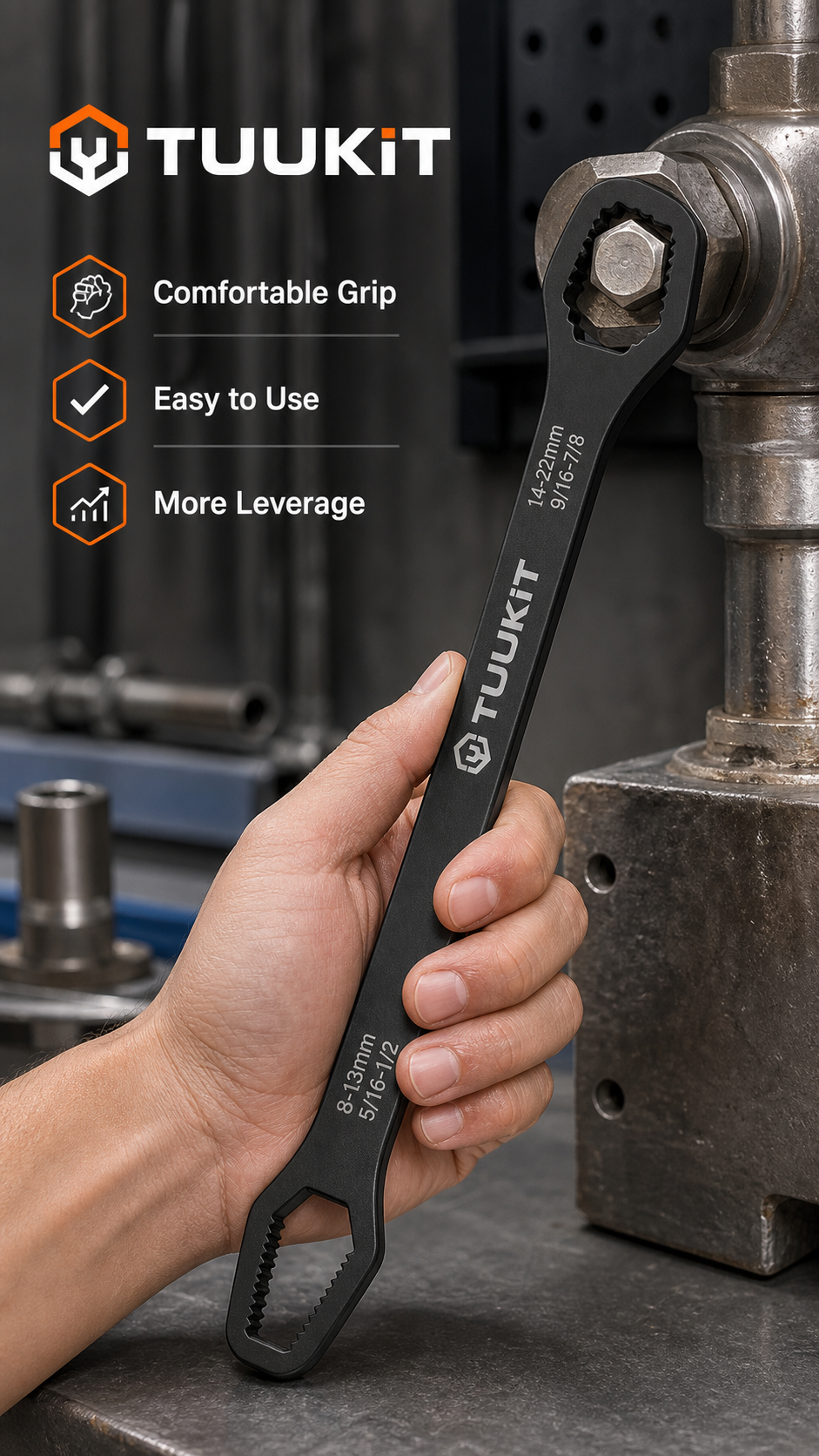 TUUKIT Heavy-Duty Multi-Function Wrench, Cr-V Steel, Dual-Head Self-Tightening Design, 20 cm / 7.87 in