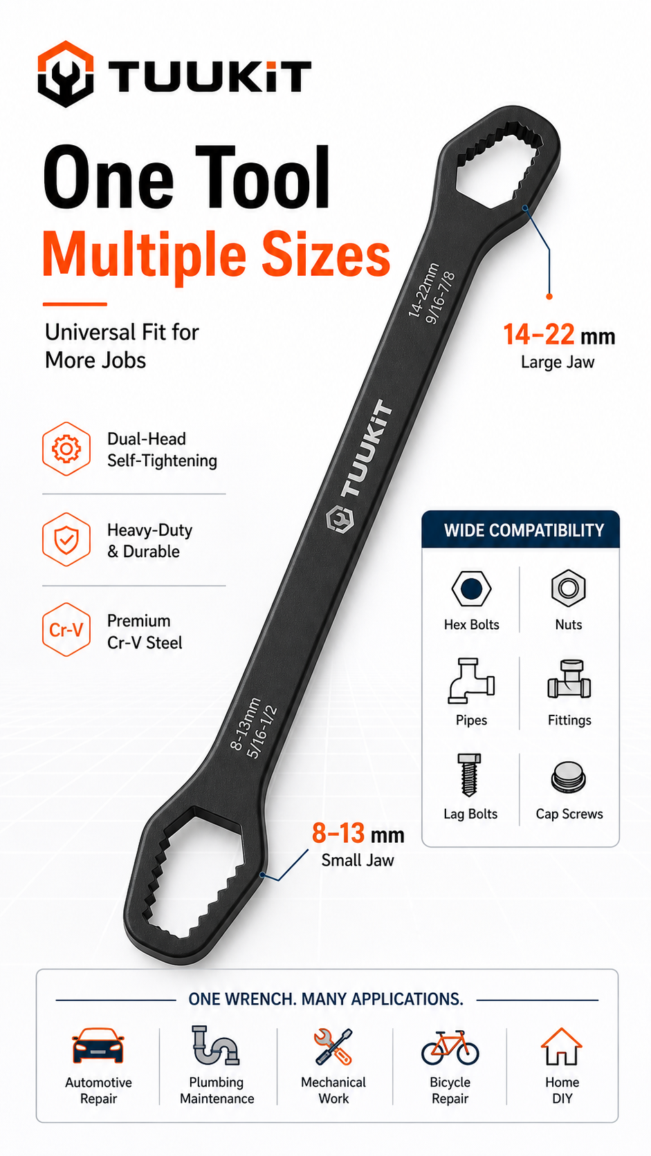 TUUKIT Heavy-Duty Multi-Function Wrench, Cr-V Steel, Dual-Head Self-Tightening Design, 20 cm / 7.87 in