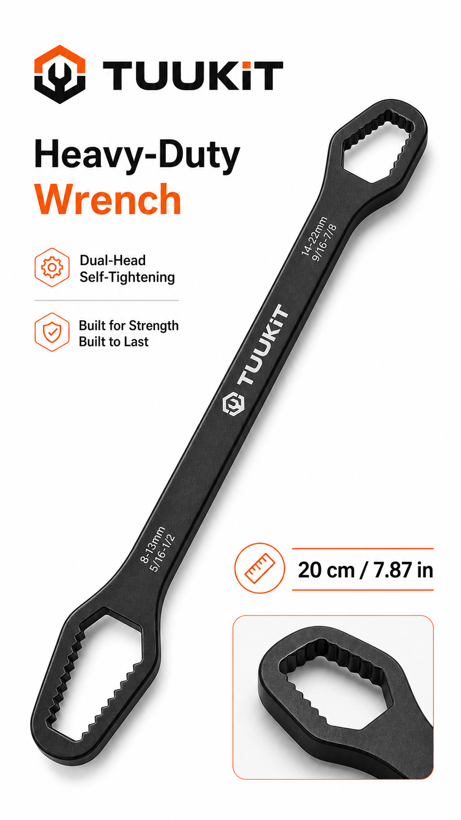 TUUKIT Heavy-Duty Multi-Function Wrench, Cr-V Steel, Dual-Head Self-Tightening Design, 20 cm / 7.87 in